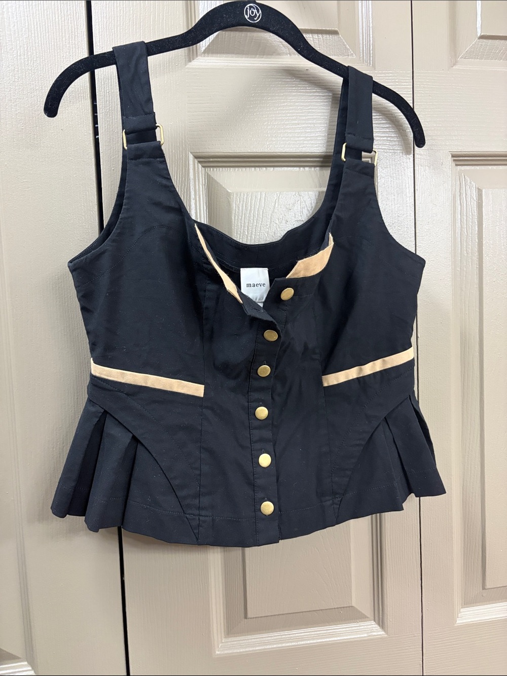 Maeve Black Peplum Button-Front Tank with Beige Trim